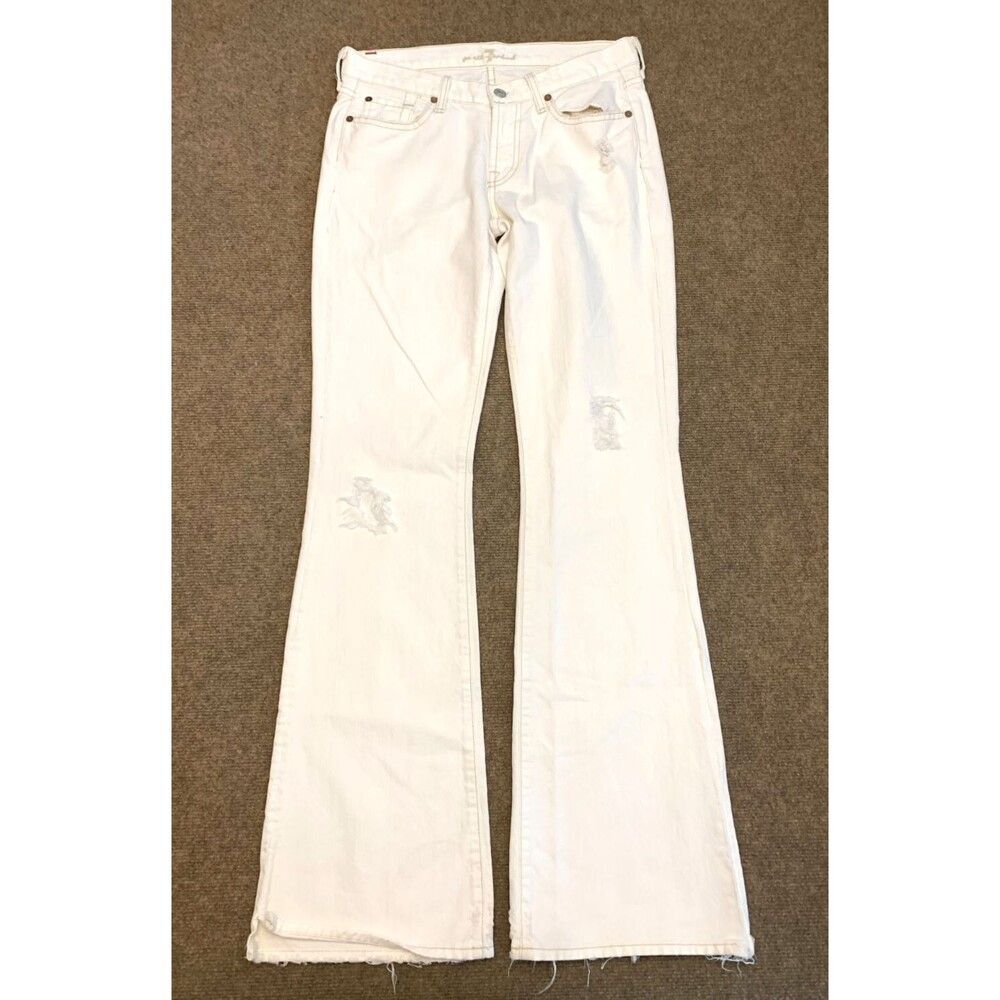 7 For All Mankind Jeans Womens 28 Low Rise Flare Distressed White USA Denim